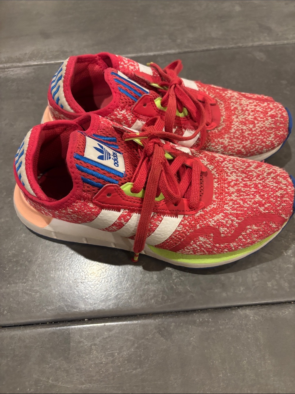adidas Kids Pink Knit Sneakers with White Stripes and Neon Accents